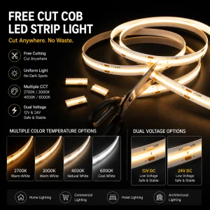Free Cut COB LED Strip Light 24V 5mm 528LEDs/m High Density CRI90 Flexible Slim Tape for Cabinet Linear Lighting | OEM CE RoHS