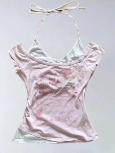 Women's Slim Fit Vintage 2-in-1 Floral & Letter Print Halter Crop Top