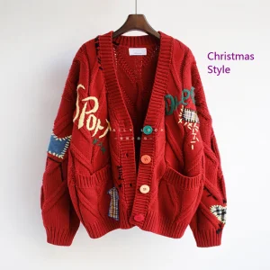 2022 Oversized Embroidery Jacquard Wool Viscose Cardigan Women's Casual Plus Size Knitted Front Button V-neck Thick Anti-Wrinkle