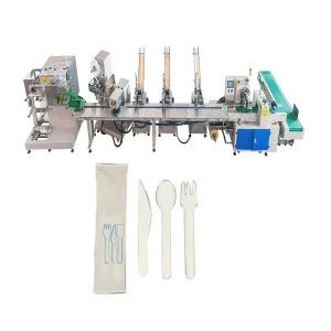 3 Side Sealing Horizontal Flow Wrap Machine For Plastic Wooden Biodegradable Disposable Tableware PLC Touch Screen Control