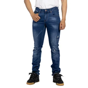 Jeans masculinos skinny de algodão macio personalizado, tecido de denim azul lavado e rasgado