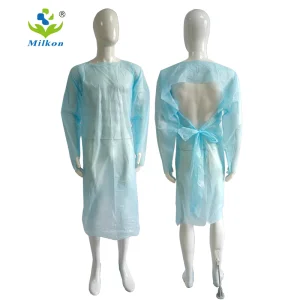 Ampliamente utilizado en medicina con bucle para el pulgar, bata de aislamiento desechable, bata de CPE, delantal
