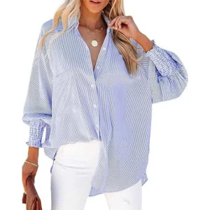 Channel S-5XL Womens Smocked Cuffed Striped Boyfriend Shirt