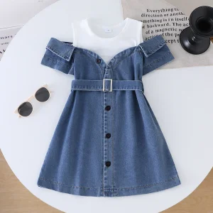 2026 Summer New Small and Medium Sized Splicing Cowboy Short Sleeve Irregular Dress