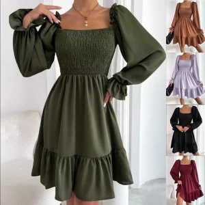 Vestido sólido de moda al por mayor con cuello cuadrado, vestido casual para mujeres, vestido de playa con mangas abullonadas y plisado