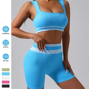 Color Blocked Custom Logo Seamless Activewear High Waist Workout Clothing Women Gym Fitness Yoga Shorts Sets