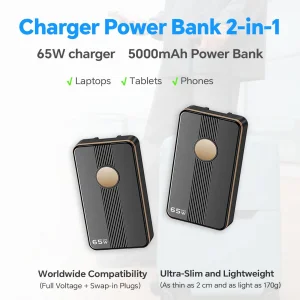 65W Cell Phone Charger Compact External Battery Pack 5000mAh with Temperature Protection with Adapter for iPad &amp; Laptops