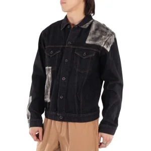 Men's Black Denim Jacket with Splatter Paint &amp; Patchwork - Oversized Streetwear Outerwear