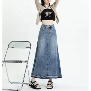Womens High Waisted A Line Maxi Denim Skirt Summer