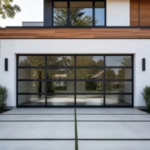 Modern Glass Garage Door with Black Aluminum Frame
