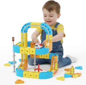 Juego de tren eléctrico con 3D pistas de carreras flexibles mágicas para niños, pista de carrera antigravedad con bloques de cubos de railes, juguete de aprendizaje STEM (96PCS) juguetes de América y Rusia