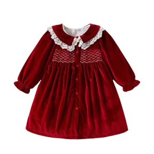 Wholesale Kids Boutique Clothing Toddler Girl Party Dress Winter Red Velvet Girls Smocked Dress Baby Girls Christmas Dress