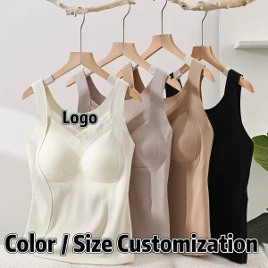 Custom Women Casual Thermal Lace Seamless Tank Top Built-in Bra Wide Straps Slimming Fit Camisole High Stretch V-neck Vest