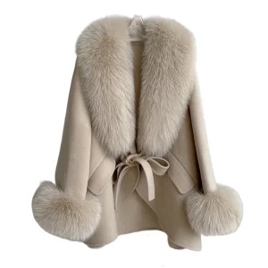 2026 Double-Sided Belt Closure Durable and Stylish Winter Women's Mid-Length Wool Overcoat with Fox Fur