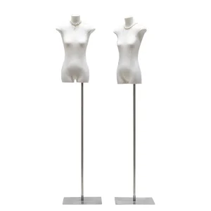 Customized Fabric Covered Flat Half Body Mannequin in Matt White/Black with Adjustable Height Metal Base Made of PP/PE/ABS/Fiberglass for Female Clothes Display