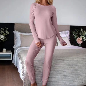 Long sleeve women's pajamas ribbed sleep top and pant set for women Knit Pyjama Sets organic modal womens sleepwear