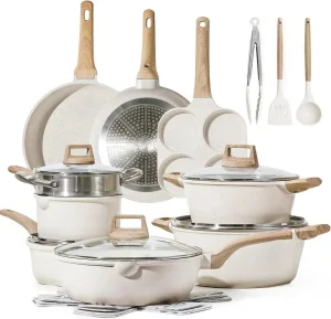 Factory Beige Ceramic Cooking Pot Casserole Cookware Set Fry Pan Kitchen Aluminium