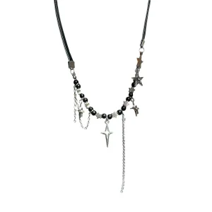 New Dark Style Four Star Leather Bead Splicing Necklace Trendy Spicy Girl Sweet Cool Style Accessory