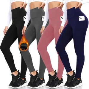 Women High Waist Fleece Lined Workout Leggings With Pockets Warm Thermal Yoga Pants for Running