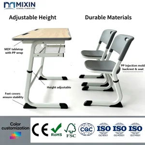 Height Adjustable Classroom Furniture Double Desk Chair