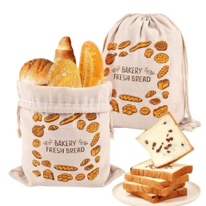 Custom French Printed Reusable Drawstring Storage Jute Organic Cotton Linen Bread Bag