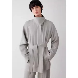 ODM OEM MID Straight Fit Cashmere Wool Tie-Waist Women Coat with Zipper Closure Design