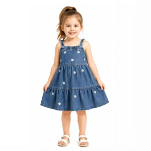 Girls Cotton Denim Sundress Daisy Embroidery