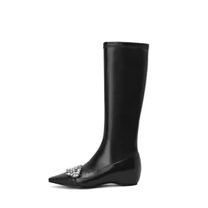 Custom Slim Stretch Knee High Boots: 4CM Wedge, Pearl Rhinestone