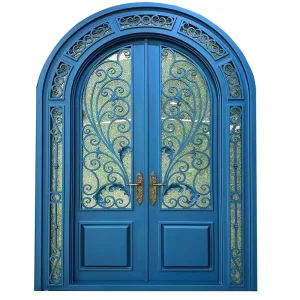 Blue Color Double Front Entry Royal Style Wrought Steel Iron Metal Security Glass Doulbe Security Door with Lock