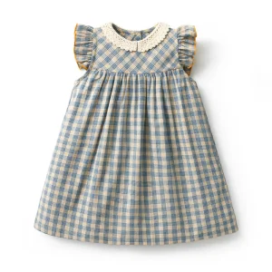 In Stock Summer Vintage Plaid Sleeveless Kids Dress