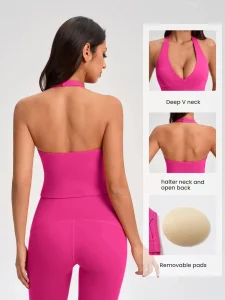 Top de Yoga Sem Costas Sexy para Mulheres - Top Cropped com Decote em V Profundo e Sutiã Embutido, Braço de Fitness para Academia