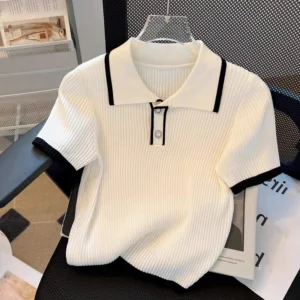 Summer New Women's Knitwear, Contrast Trim Polo Short Sleeve Slim Casual Knit Top, Versatile Commuter Women's Knitted Blouse