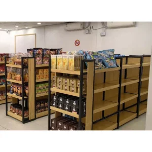 Cold Rolled Steel Wood Structure Supermarket Shelf Custom Label Gondola Shelving