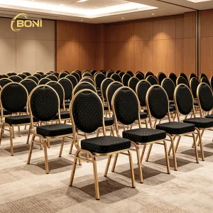 Banquet Chair Gold Metal Round Back Stackable Wedding Hotel Chairs Black Polka Dot Upholstery