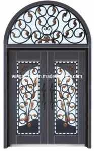 with Windows Wrought Iron Glass Outside Double Door Chineses Modern Exterior Wrought Iron Steel Main Entrance Doors Metal Security Steel Door for Houses