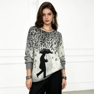 Women's Vintage Gray Umbrella Man Music Note Print Knit Sweater Casual Crewneck Oversized Long Sleeve All Match Knitwear