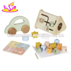 Wooden Kids Learning Activity Toy Set with Shape Sorter, Puzzle, Pull-Along Car and Developmental Play Features W12f301