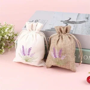 Lavender Embroidery Jute Drawstring Pouch Jewelry Gift Box