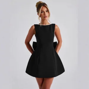 Vestido mini sin mangas negro en línea A para mujeres, con escote cuadrado, gran lazo en la espalda, vestido corto para cócteles y fiestas
