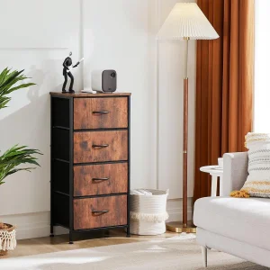Dresser for Bedroom with 4 Storage Drawers Skinny Fabric Storage Chest of Drawers with Metal Frame Wooden Top for Living Room