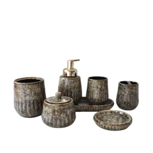jiashun Wabi-Sabi Dark Brown Kiln-Changed Vertical Striped Stoneware Bathroom Accessory Set Factory, Company