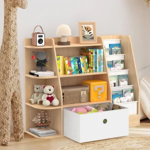 Multi-Functional Natural Wood Finish Toddler Reading Nook Furniture with Integrated Fabric Slings and Large Toy Storage Drawer Kids Bookshelf