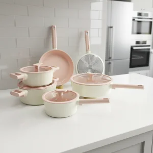 Pinkish White Marble Modern Design Aluminium Durable Eco-Friendly Healthy Non-Stick Multi-functional Cookware Set 10-Piece