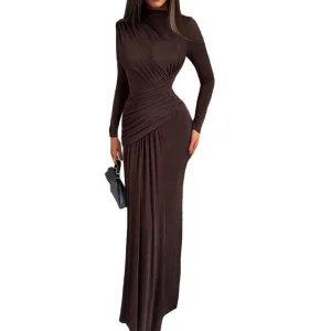 Autumn New Women's Solid Color Pleated Maxi Dress with Vintage Style Neck Ruched Decoration Material Anti-Static Feature