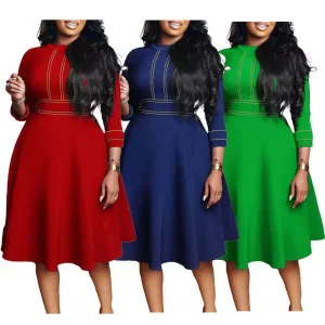 Vestido de oficina de alta calidad y larga longitud para mujeres con un diseño de escote redondo
