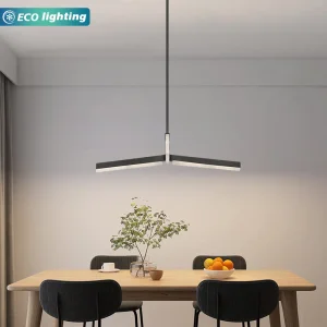 1-Layer V-Shaped Black Linear LED Pendant Light, Minimalist Hanging Chandelier for Dining Table