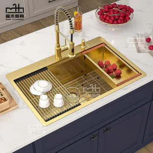 33 Inch Drop in Kitchen Sink Gold Brushed 33X22 Workstation Stainless Steel 16 Gauge Single Bowl Handmade Topmount Kitchen Sink with Cutting Board