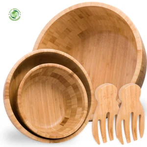 Set of 3 bamboo salad bowls and salad utensils Natural Tableware Decoration Eco-Friendly Wholesale Vietnamese products
