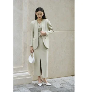 Vietnam Solid High Waist Elegant Front-Slit Midi Skirt