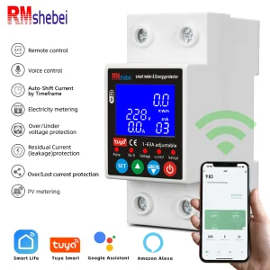 RMshebei Tuya Smart Life Switch 63A 2P Circuit Breaker WiFi PV Metering 220V Voltage Protector Remote Control Electricity Meter